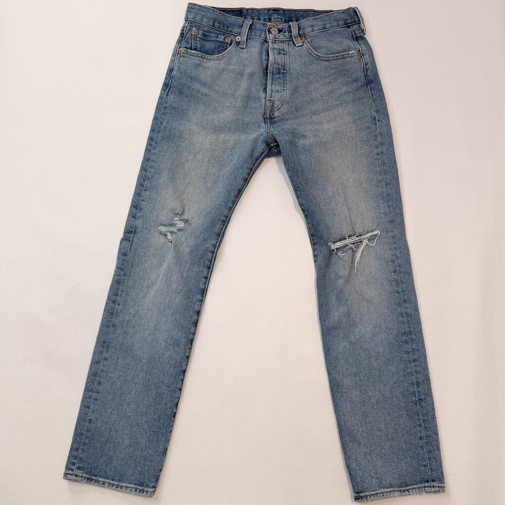 Levi's 501 Jeans Mens 29x30 Blue Straight Light Wash Distressed Button Fly Denim